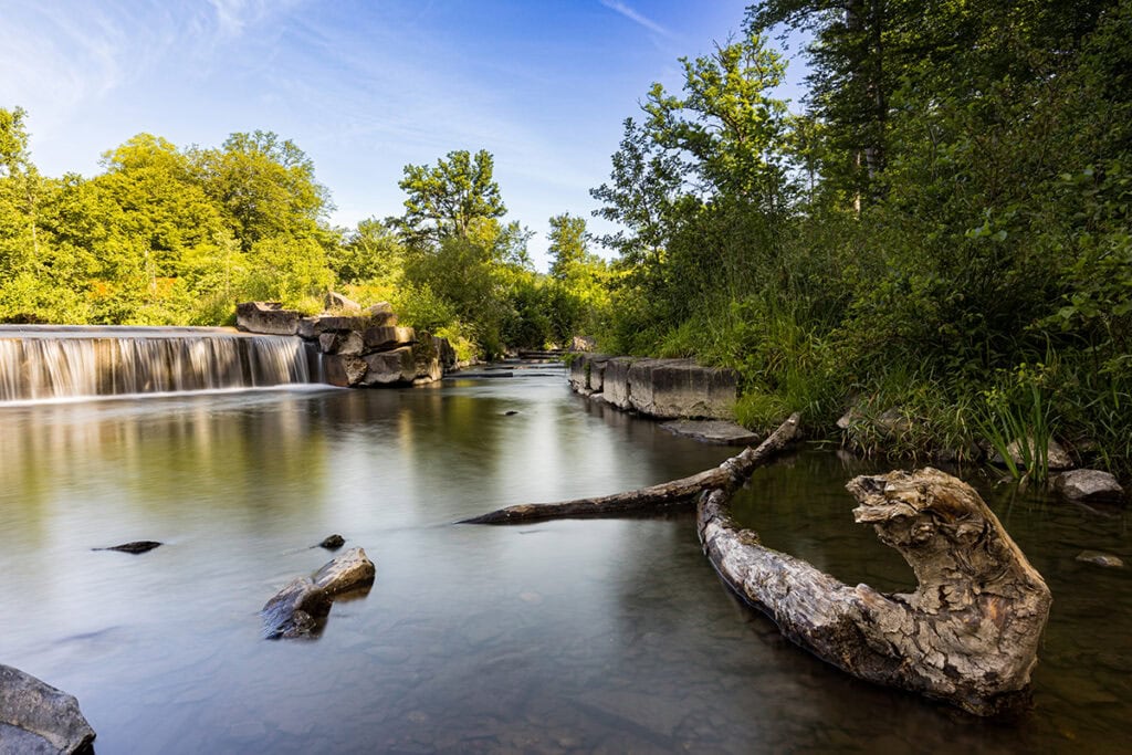Kleiner Wasserfall in ruhigem Fluss mit Baumstamm